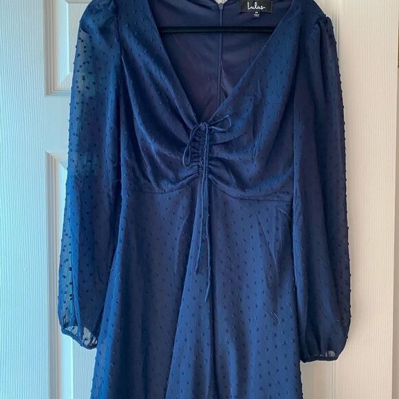 Lulu’s Navy Blue Swiss Dot Long sleeve  Dress - Picture 4 of 6
